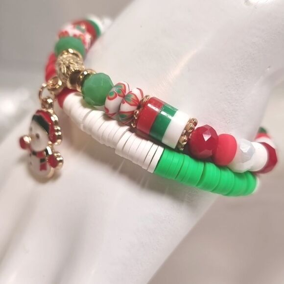 Cb3-16 CHRISTMAS STACKING 2 BRACELET SET charm adjustable - Picture 2 of 4